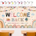 Colorful Welcome Back school backdrop with rainbow and book illustrations for classroom - Rainbow Welcome Back to School Theme (SBJ-003) / 95x75cm