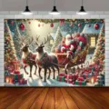 Weihnachts-Fotohintergrund mit Weihnachtsmann-Schlitten Rentier und Winterwald - 95x75cm (SBJ-001)