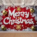 Roter Frohe Weihnachten Fotohintergrund mit weißen Schneeflocken und Goldkugeln - 95x75cm (SBJ-002)