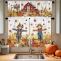 Juego de cortinas de cocina de otoño con estampados de calabazas y espantapájaros - Cenefa (138x45cm) / Granero de Cosecha de Otoño (CL-013)