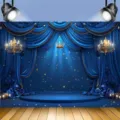 Royal blue stage fotografie achtergrond met gouden kroon en sprankelende sterren - SBJ-005