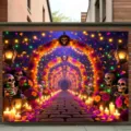 Festive Day of the Dead backdrop banner featuring vibrant flower arches and sugar skulls - 95x75cm / YD-BJB232