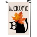 Decorative autumn garden flag featuring a black cat with a maple leaf and Welcome text - 30x45cm (Q-005)