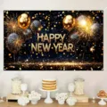 Happy New Year party backdrop featuring gold glitter balloons and fireworks on black - New Year Backdrop (SBJ-017) / 95x75cm