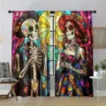 Vibrant Day of the Dead sugar skull stained glass style window curtains for home decor - CL-007 (Stained Glass Skeleton)