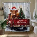 Christmas shower curtain featuring festive Highland cow and vintage red truck design - Single Shower Curtain 90x180cm / YL-007 (Highland Cow Style)