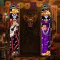 Bannières de porte de couple de squelettes Jour des Morts pour fête mexicaine festive - Style Squelette Robe Violette Avec Guitare (SDL-005)