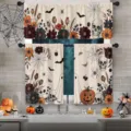 Vintage Halloween curtain set with ghosts skulls and pumpkin prints for kitchen windows - Valance (138x45cm) / Creamy White (CL-007)