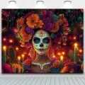 Vibrant Day of the Dead party backdrop banner with colorful floral Catrina sugar skull design - Day of the Dead Catrina Style (SBJ-007) / 95x75cm