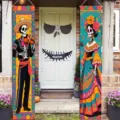 Bannières de porche Jour des Morts avec motif de couple de squelettes mexicains - Style Squelette Violon Et Jupe (SDL-006)