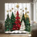 Retro Christmas tree digital print shower curtain in festive red, green and gold - Single Shower Curtain 90x180cm / YL-008 (Retro Christmas Tree Style)