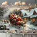 Professioneller Weihnachts-Fotohintergrund mit Weihnachtsmann Rentieren und verschneitem Dorf - Weihnachtsmann und Rentierschlitten (SBJ-004) / 95x75cm