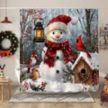 Christmas shower curtain featuring a snowman and red cardinal in a snowy forest scene - Single Shower Curtain 90x180cm / YL-009 (Snowman and Birdhouse Style)