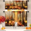 Juego de cortinas de cocina con bosque otoñal y calabazas brillantes doradas. - Cenefa (138x45cm) / Calabaza del Bosque Misterioso (CL-016)