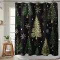 Retro Christmas digital print shower curtain with green pine trees and snowflakes patterns - Single Shower Curtain 90x180cm / YL-010 (Retro Pine and Snowflake)