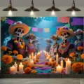 Vibrant Mexican Day of the Dead backdrop with skeletons and marigolds for party decoration - 95x75cm / YD-BJB229