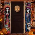 Bannières de porte Jour des Morts avec motif de couple de squelettes mexicains colorés et animaux - Style Couple Squelette Avec Chat Chien (SDL-009)