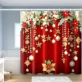 Red festive Christmas shower curtain featuring poinsettias and golden ornament print - Single Shower Curtain 90x180cm / YL-011 (Red Poinsettia Style)