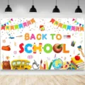 Bunter Back to School Party Hintergrund mit Schulbus und Schulmaterialien Design Motiv - Back to School Party Hintergrund Dekoration (SBJ-010) / 95x75cm
