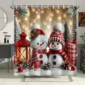 Festive Christmas shower curtain featuring cute snowmen and lantern digital print design - Single Shower Curtain 90x180cm / YL-012 (Snowman and Red Lantern Style)