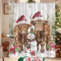 Festive Highland cow and snowman digital print shower curtain for Christmas bathroom decor - Single Shower Curtain 90x180cm / YL-013 (Highland Cow and Snowman)