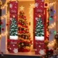 Red Christmas door banners with 'Feliz Navidad' and tree print for porch decoration - Spanish Dark Red (SDL-003) / 30x150cm