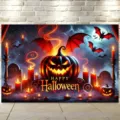 Dramatisches Halloween-Hintergrundtuch mit leuchtenden Kürbislaternen und roten Fledermäusen - Leuchtender Kürbis Fledermaus Grabstein Stil (SBJ-003) / 95x75cm