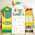3er-Set Back-to-School Bogen-Hintergrundabdeckungen mit Schulbus- und Kreidedruck - Polyester-Stil (GX-005) / 65x150cm+80x180cm+50x120cm
