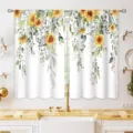 Tende decorative da cucina con girasoli ad acquerello e fresche foglie di eucalipto - 2 Pezzi/Confezione (66x91cm) / Stile Girasole Eucalipto ad Acquerello 3 (CL-003)
