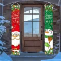 Decorative Christmas porch banners featuring Santa Claus and Snowman prints for holiday decor - Red Green Santa Snowman (SDL-004) / 30x150cm