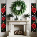 Festive Christmas porch banner featuring vibrant red poinsettia and ornaments design - Christmas Flowers & Ornaments (SDL-005) / 30x150cm