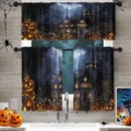 Spooky Halloween haunted house pumpkin print 3-piece kitchen curtain set tier and valance - Valance 138x45cm / CL-005