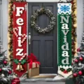 Carteles navideños para porche en rojo y verde con estampado festivo Feliz Navidad - Textura de Punto Español Rojo Verde (SDL-005)