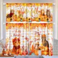 Three-piece autumn harvest kitchen curtain set featuring cute cats and pumpkins on plaid - 138x45cm / Valance / Autumn B&W Grid Cat Style (CL-005)