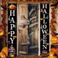 Pancartas de porche de Happy Halloween con ilustraciones de calabazas y brujas - Estilo Feliz Halloween (SDL-007)