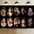 Halloween-Hintergrundtuch mit Vintage-Horror-Porträts für Party-Dekorationen - Vintage-Horror-Porträt-Stil (SBJ-005)