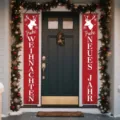 Red Christmas porch banners with German greetings and reindeer heads for front door - German Text Style (SDL-007)