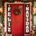 Pancartas navideñas rojas con estampado Feliz Navidad para decoración festiva de puertas. - Fondo Rojo Oscuro Español (SDL-006)