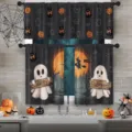Festive 3-piece Halloween kitchen curtain set with spooky ghost and pumpkin prints - Valance 138x45cm / Black Print (CL-006)