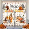 Autumn fall harvest 3-piece kitchen curtain set with pumpkin gnomes and leaves design - Valance / 138x45cm / Pumpkin Gnome Style (CL-006)