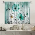 Cortina de cocina rústica con diseño de tablones de madera vintage, margaritas y mariposas. - Cortinas 66x91cm (Dos Piezas) / CL-003