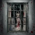 Realistisches gruseliges Halloween-Fensterbanner mit Geisterfrau und Blutspritzern - Geisterfrau Im Weißen Kleid (C-008) / 120x80cm