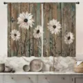 Cortina corta de cocina rústica de madera vintage con margaritas, estampado floral. - Cortinas 66x91cm (Dos Piezas) / CL-001