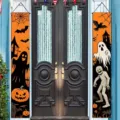 Pancartas de puerta Halloween con dibujos de fantasmas calabazas y momias decor - Estilo de Calabaza y Gato Negro Naranja-Negro (SDL-009)