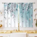 Short kitchen window curtains featuring blue watercolor eucalyptus leaves and butterflies. - 2 Pieces/Pack (66x91cm) / Watercolor Eucalyptus with Butterfly (CL-007)