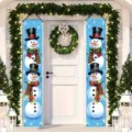 Festive light blue Christmas snowman door banners with plaid scarf design for porch decor - Cartoon Snowman Style (SDL-009)