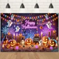 Halloween party backdrop cloth featuring cartoon ghosts and glowing pumpkin prints - Cartoon Ghost Pumpkin Neon Print (SBJ-016) / 95x75cm