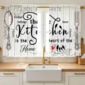 Rustic white wood grain kitchen curtains featuring heart of the home farmhouse text - 66x91cm (2 Panels) / White Wood Grain Slogan (CL-001)