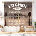 Rustic American style kitchen rules short curtain with vintage wood grain and cutlery print - 66x91cm (2 Panels) / Dark Wood Grain Kitchen Rules (CL-004)