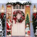 Christmas porch banners with Santa and Snowman design for festive outdoor home decoration - Vintage Santa Claus and Reindeer (SDL-009) / 30x150cm